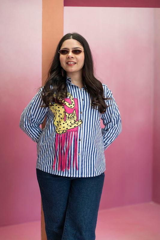 Embellished Cat Stripe Shirt