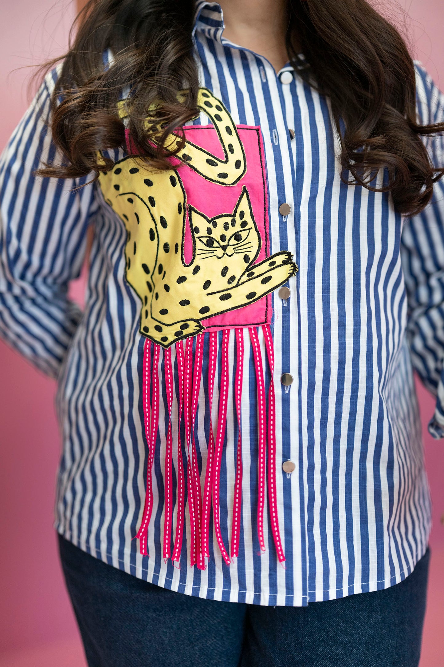 Embellished Cat Stripe Shirt