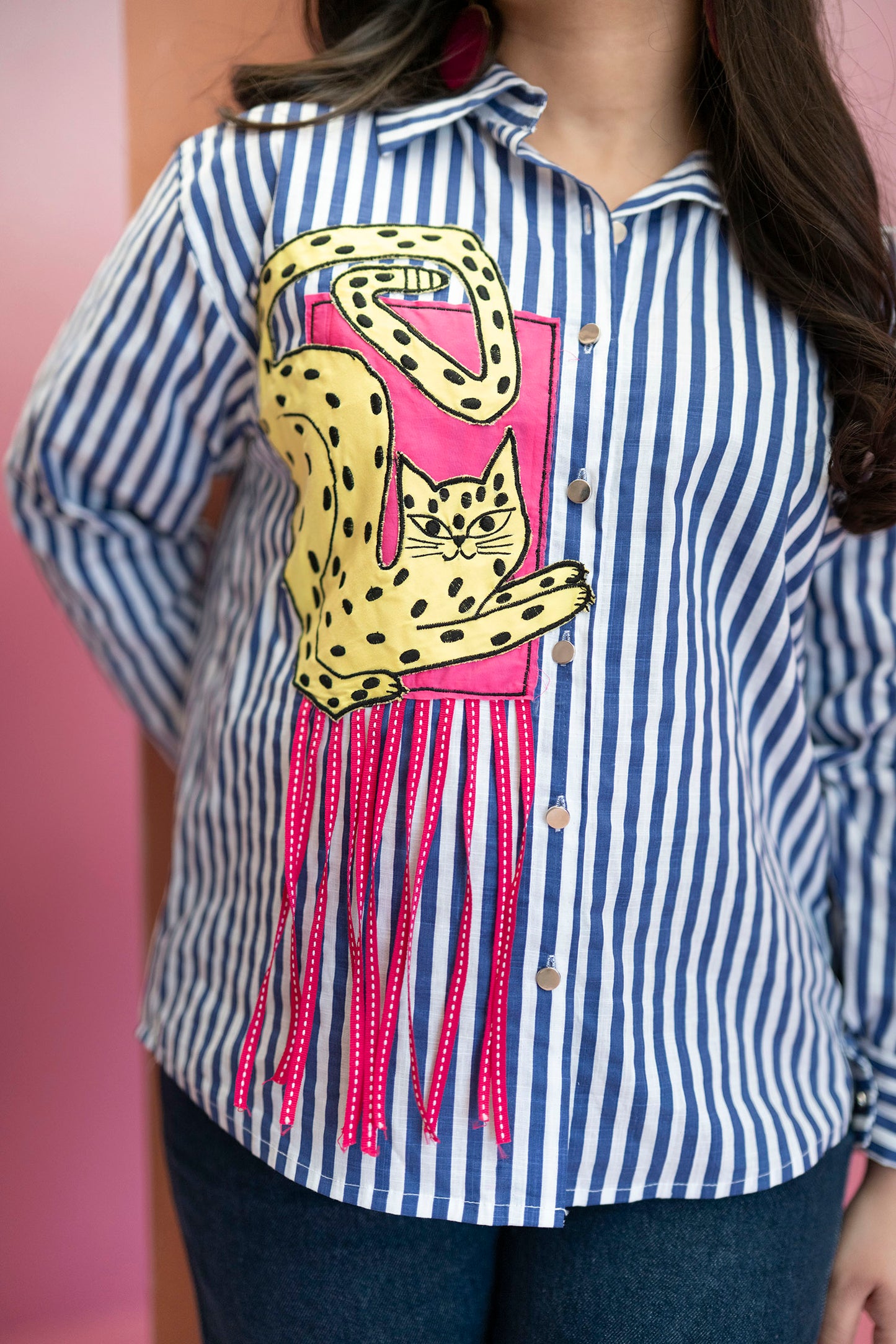 Embellished Cat Stripe Shirt