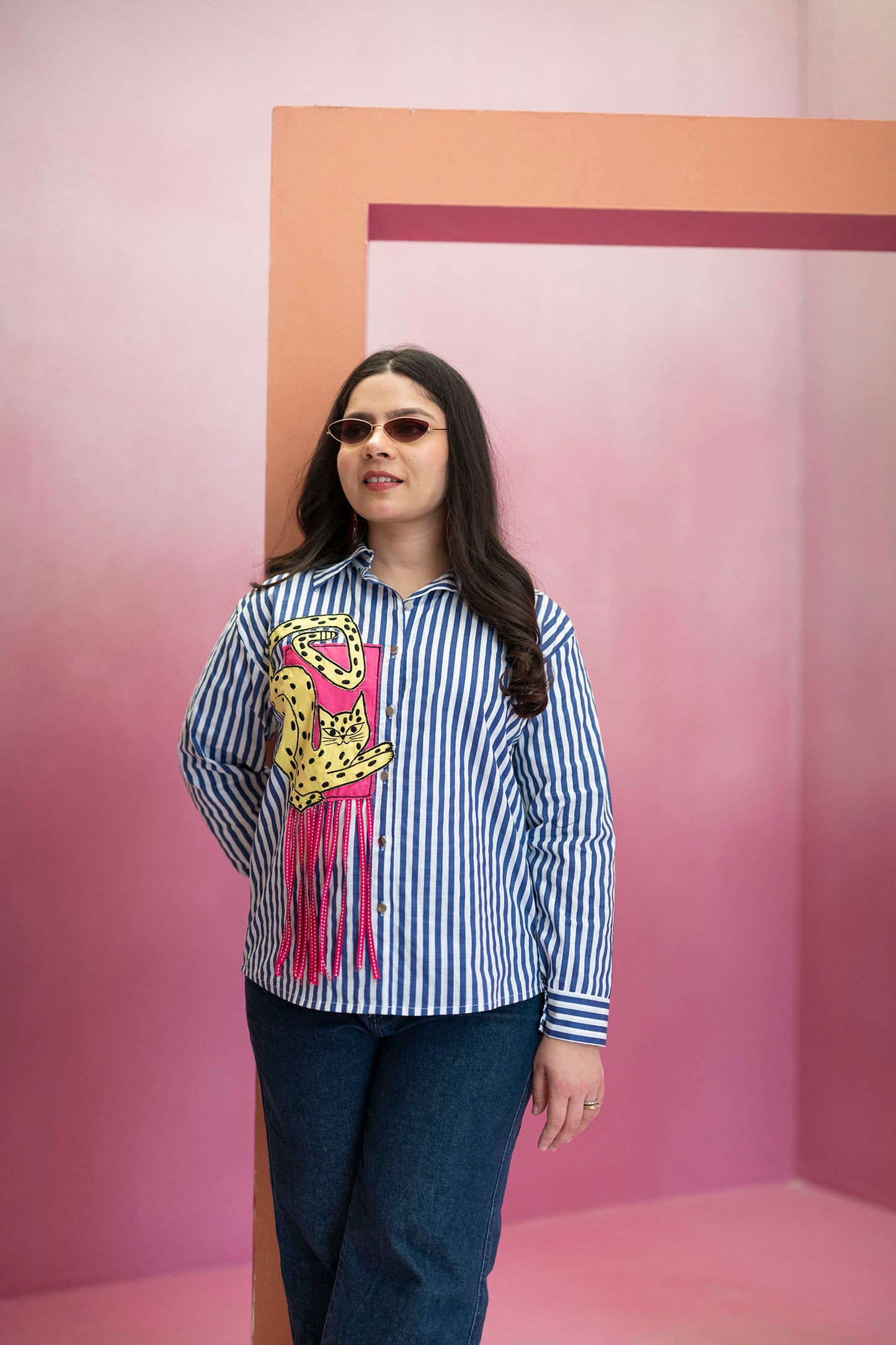 Embellished Cat Stripe Shirt