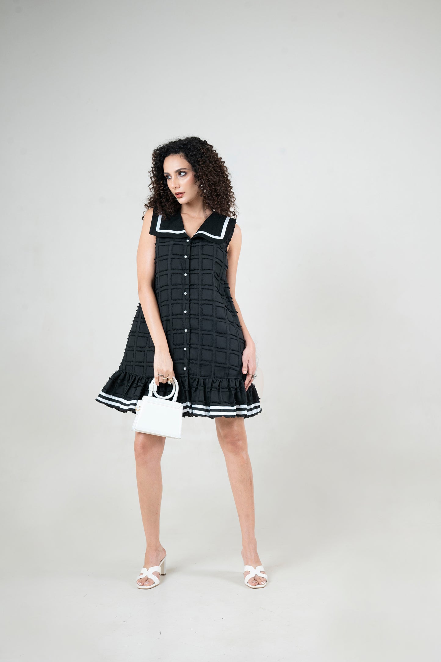 Sailor Collar Dress with Textured Fabric