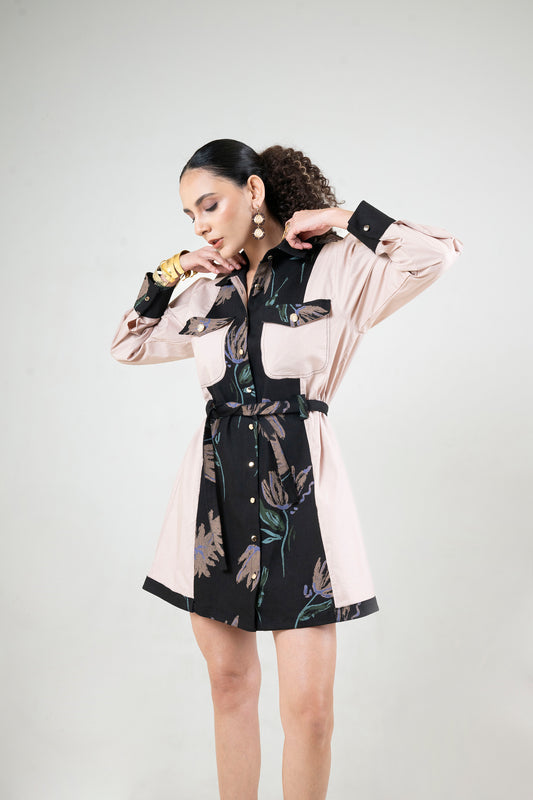 Hand Painted Denim Panel Dress With Belt