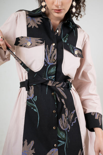 Hand Painted Denim Panel Dress With Belt