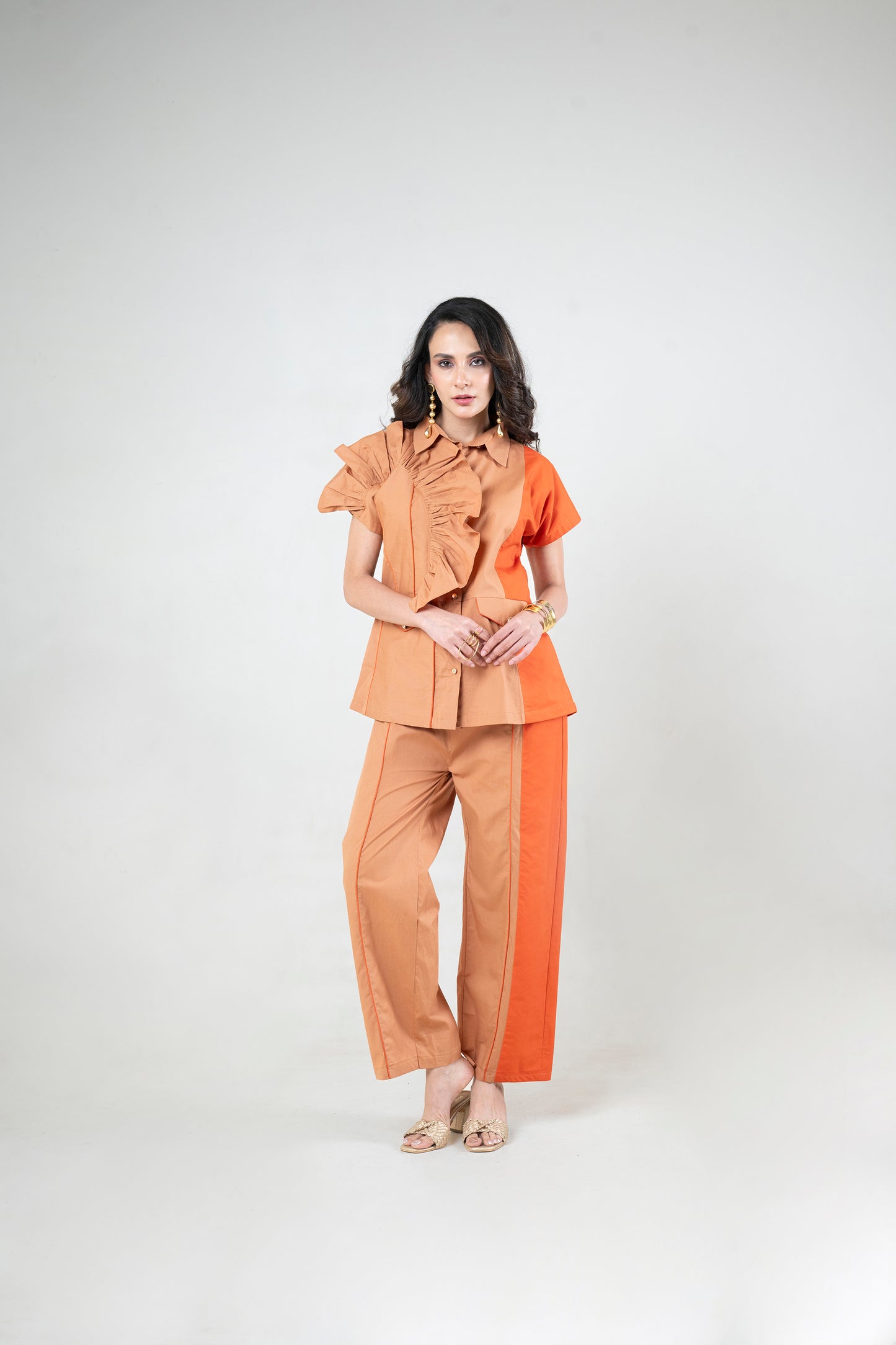 Ruffle Shoulder Co-Ord Set with Contrast Panel Detail