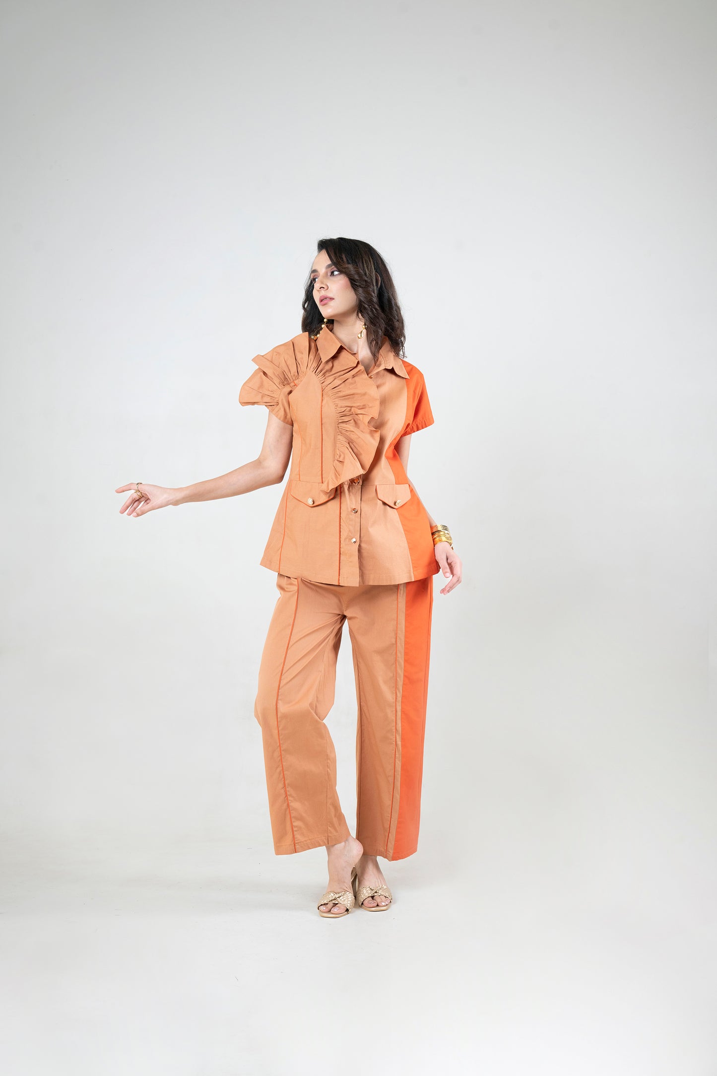 Ruffle Shoulder Co-Ord Set with Contrast Panel Detail