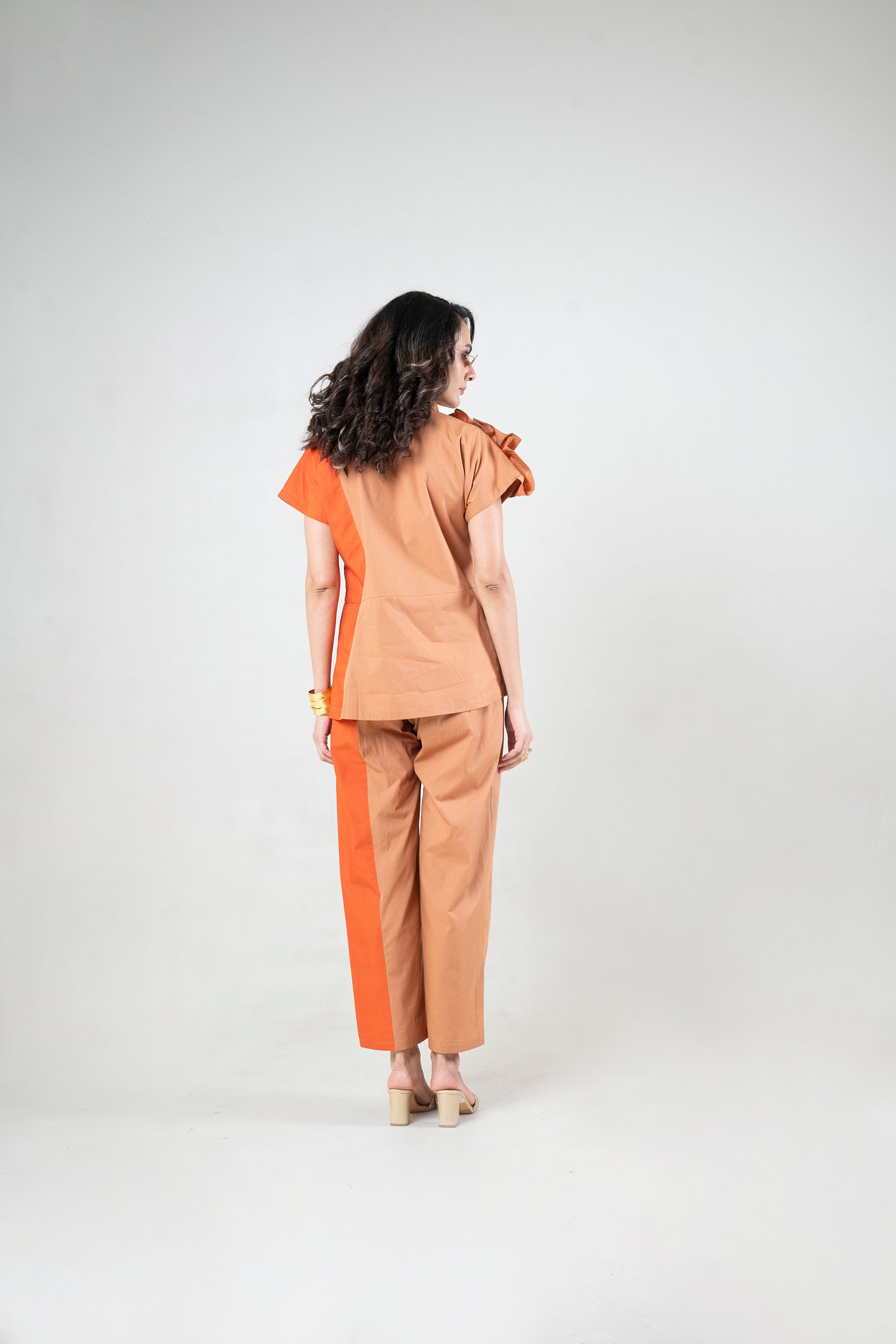 Ruffle Shoulder Co-Ord Set with Contrast Panel Detail