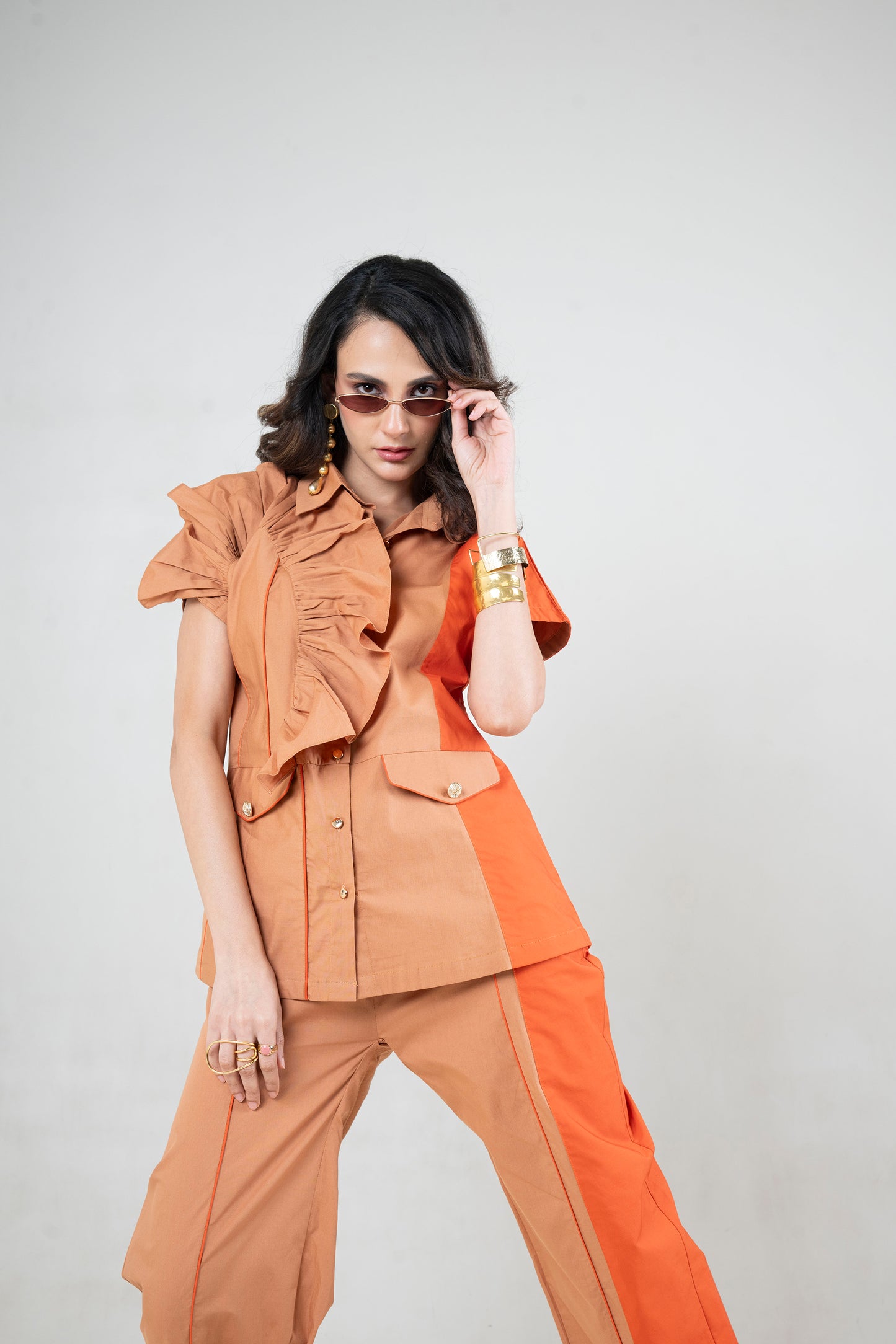 Ruffle Shoulder Co-Ord Set with Contrast Panel Detail