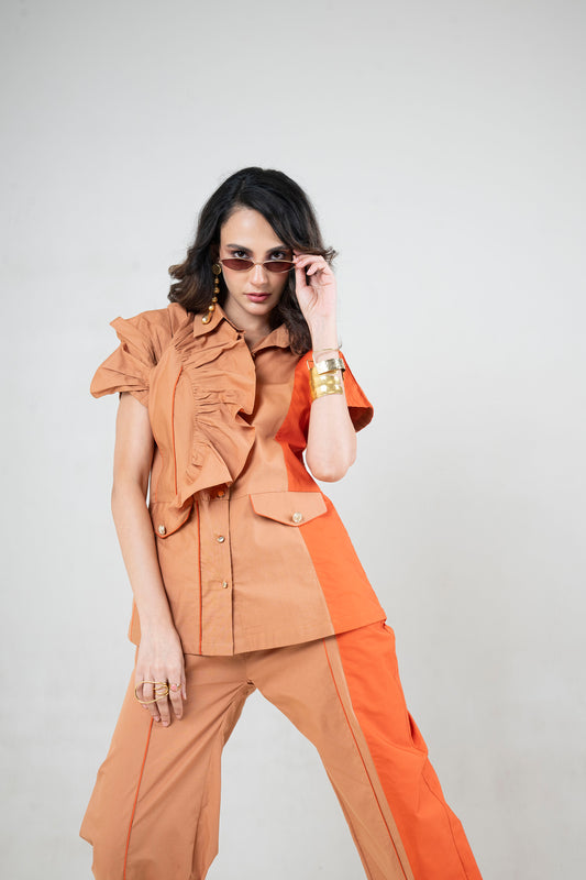Ruffle Shoulder Co-Ord Set with Contrast Panel Detail