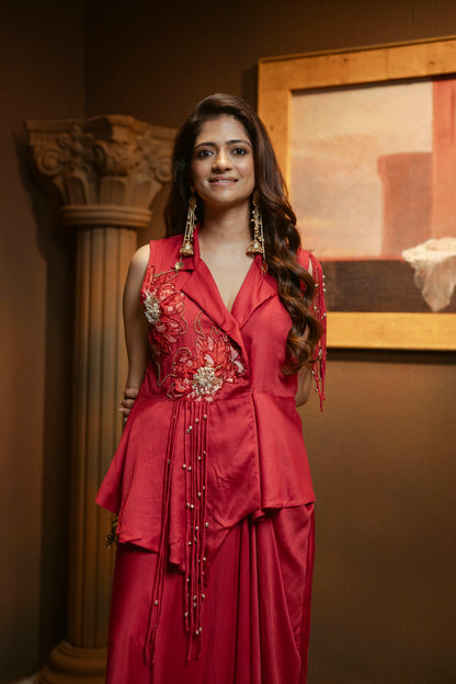 Embellished Peplum Top with Drape Skirt Set