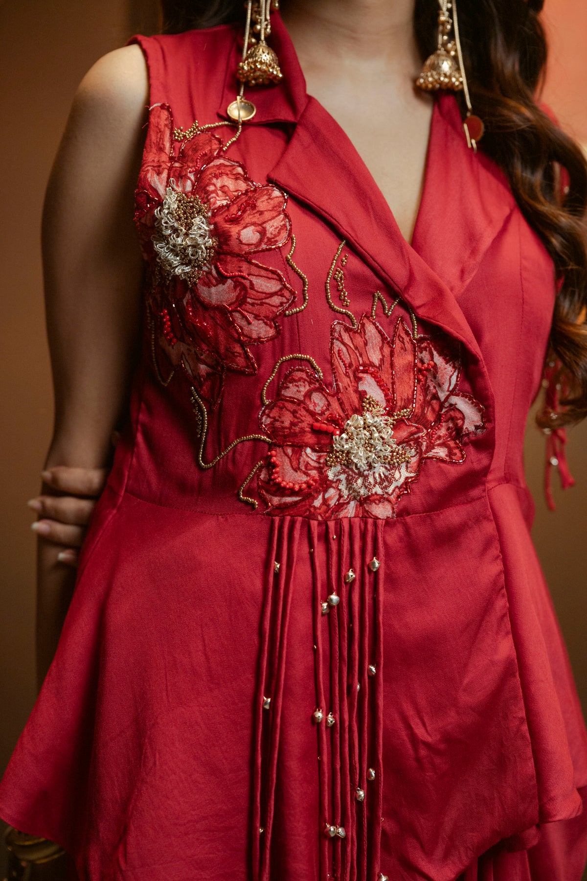 Embellished Peplum Top with Drape Skirt Set