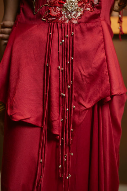 Embellished Peplum Top with Drape Skirt Set