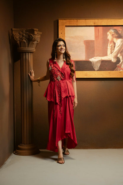 Embellished Peplum Top with Drape Skirt Set
