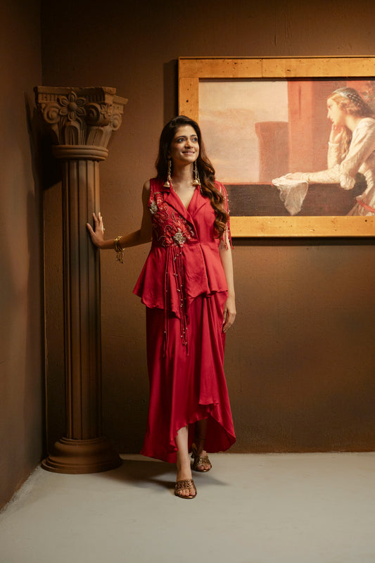 Embellished Peplum Top with Drape Skirt Set