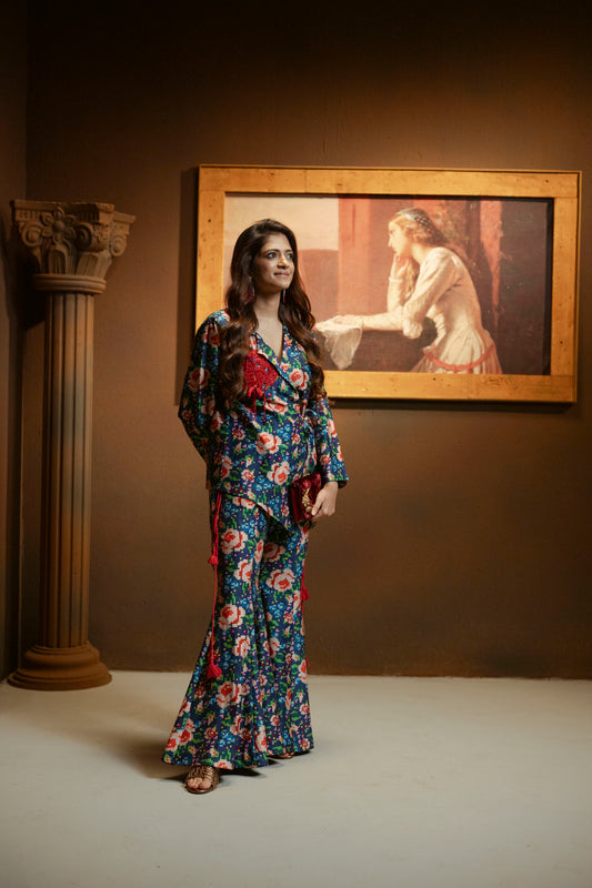 Embellished Blazer and Pant Printed Set