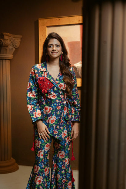 Embellished Blazer and Pant Printed Set