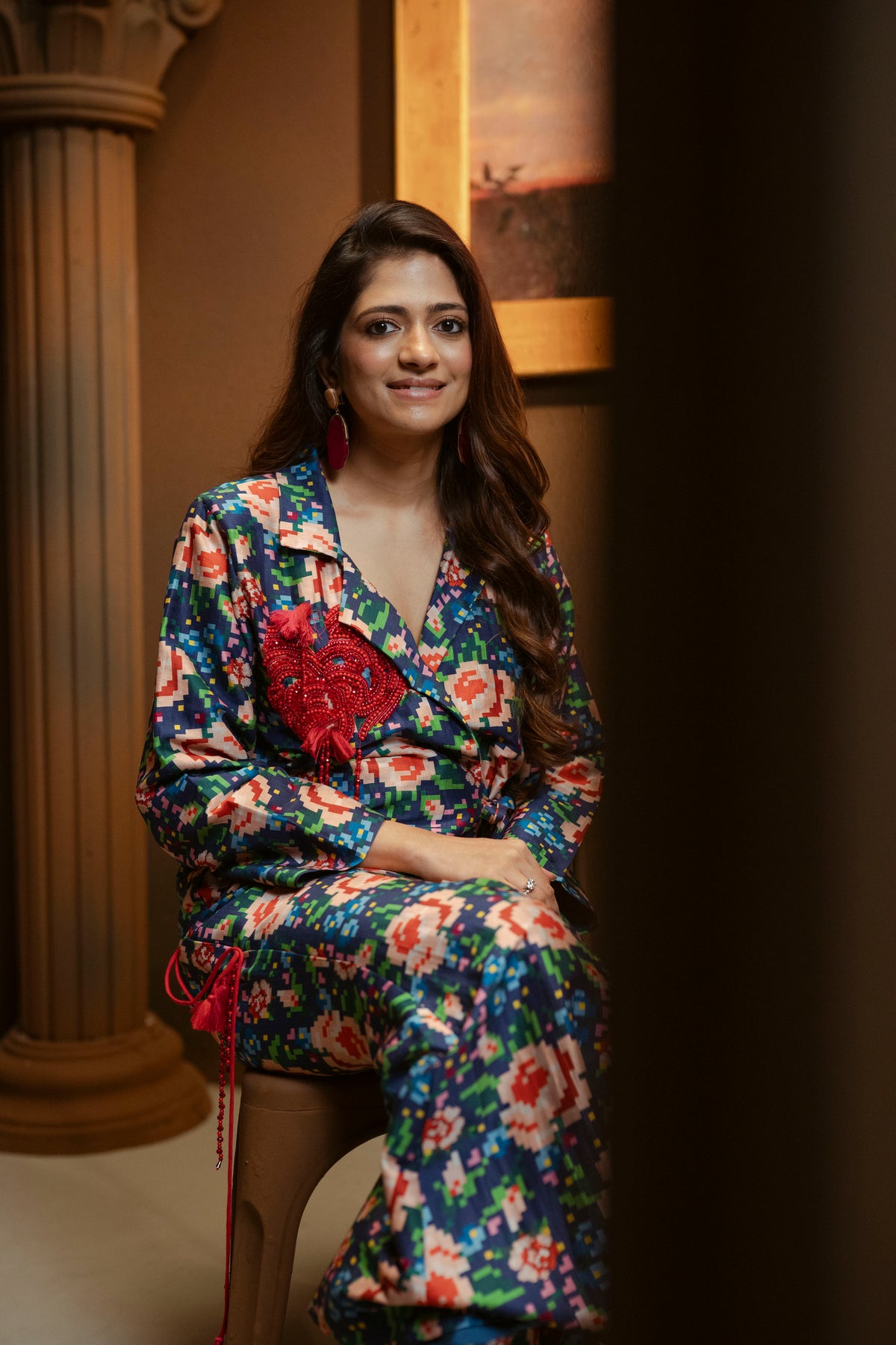 Embellished Blazer and Pant Printed Set