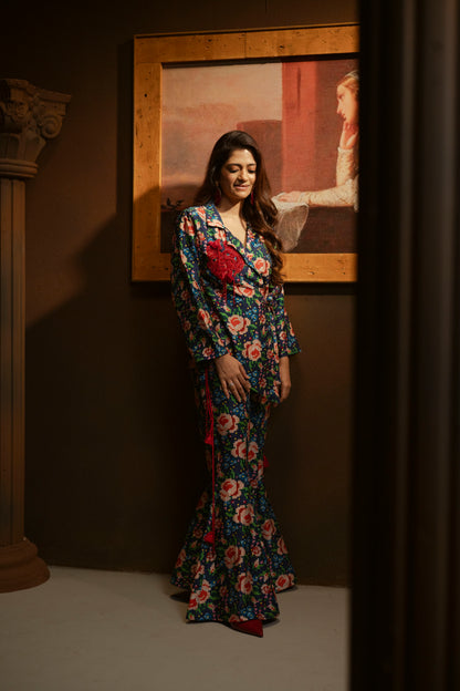 Embellished Blazer and Pant Printed Set