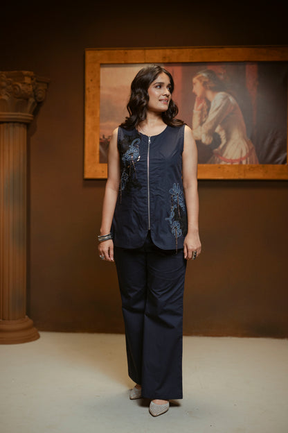 Embellished Denim Flower  2-pc Jacket and Pant Set