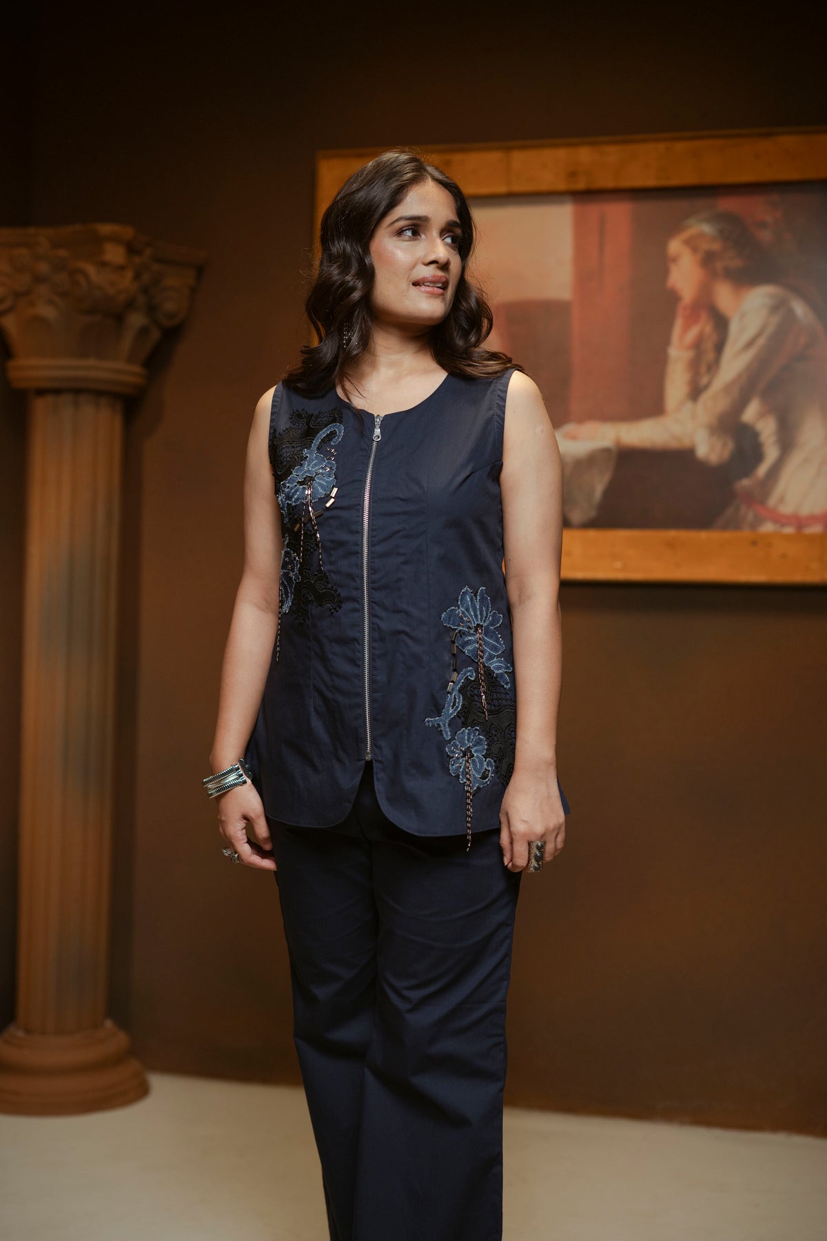 Embellished Denim Flower  2-pc Jacket and Pant Set