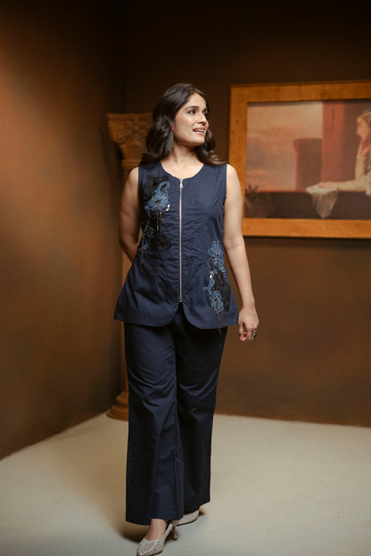 Embellished Denim Flower  2-pc Jacket and Pant Set