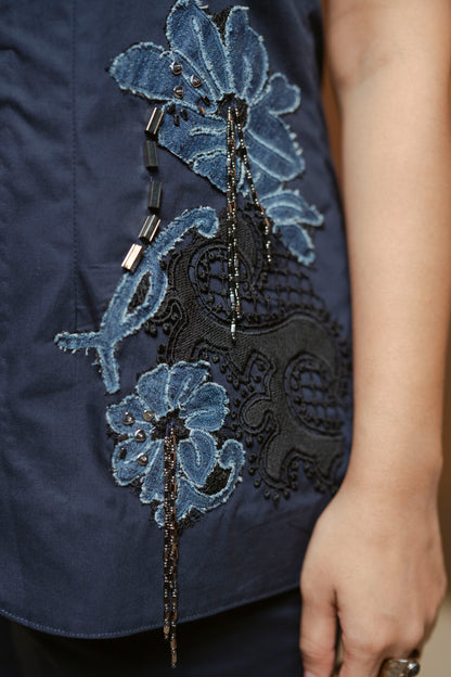 Embellished Denim Flower  2-pc Jacket and Pant Set