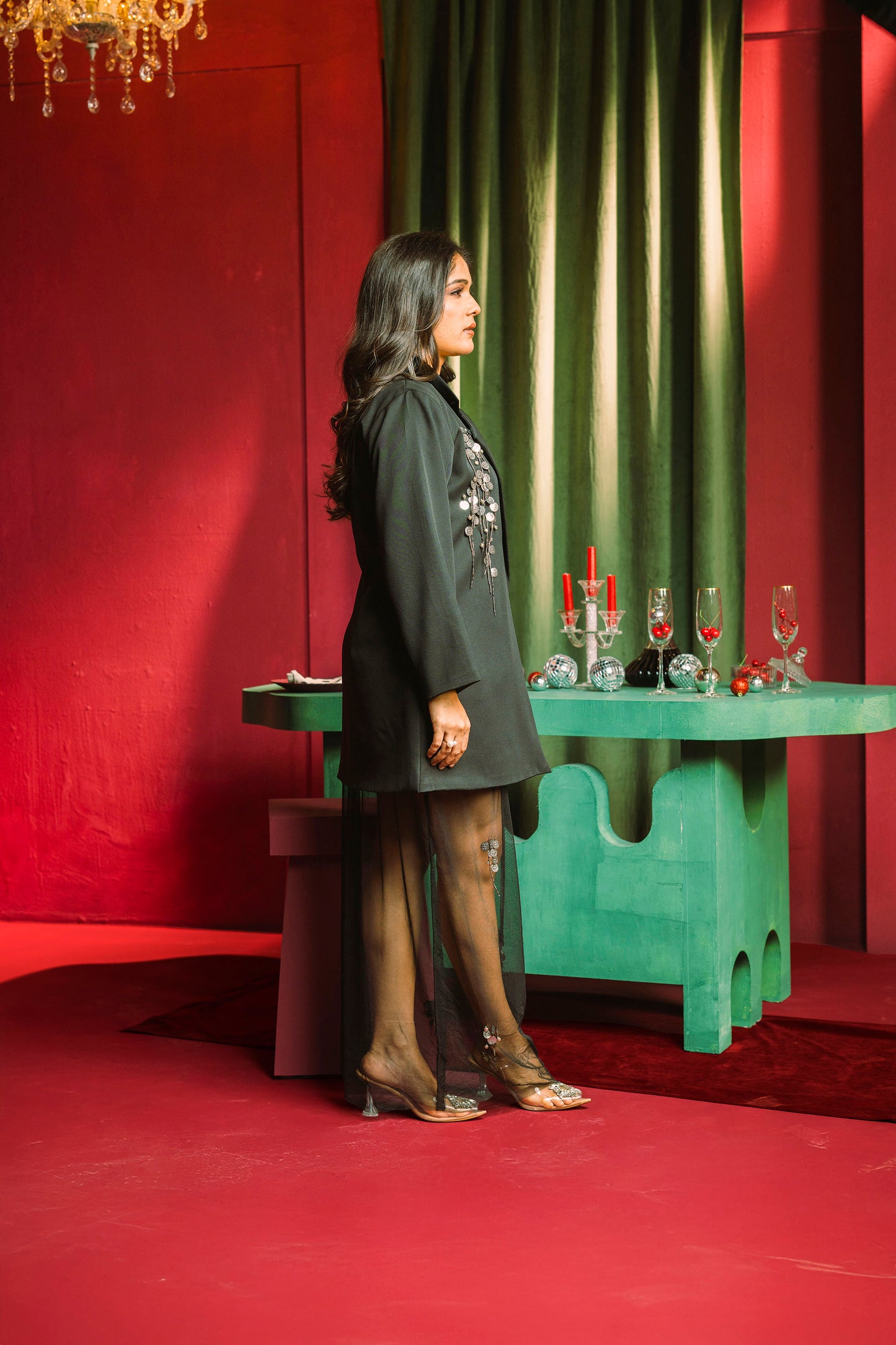 Embellished Blazer Dress with Mesh slip in Black