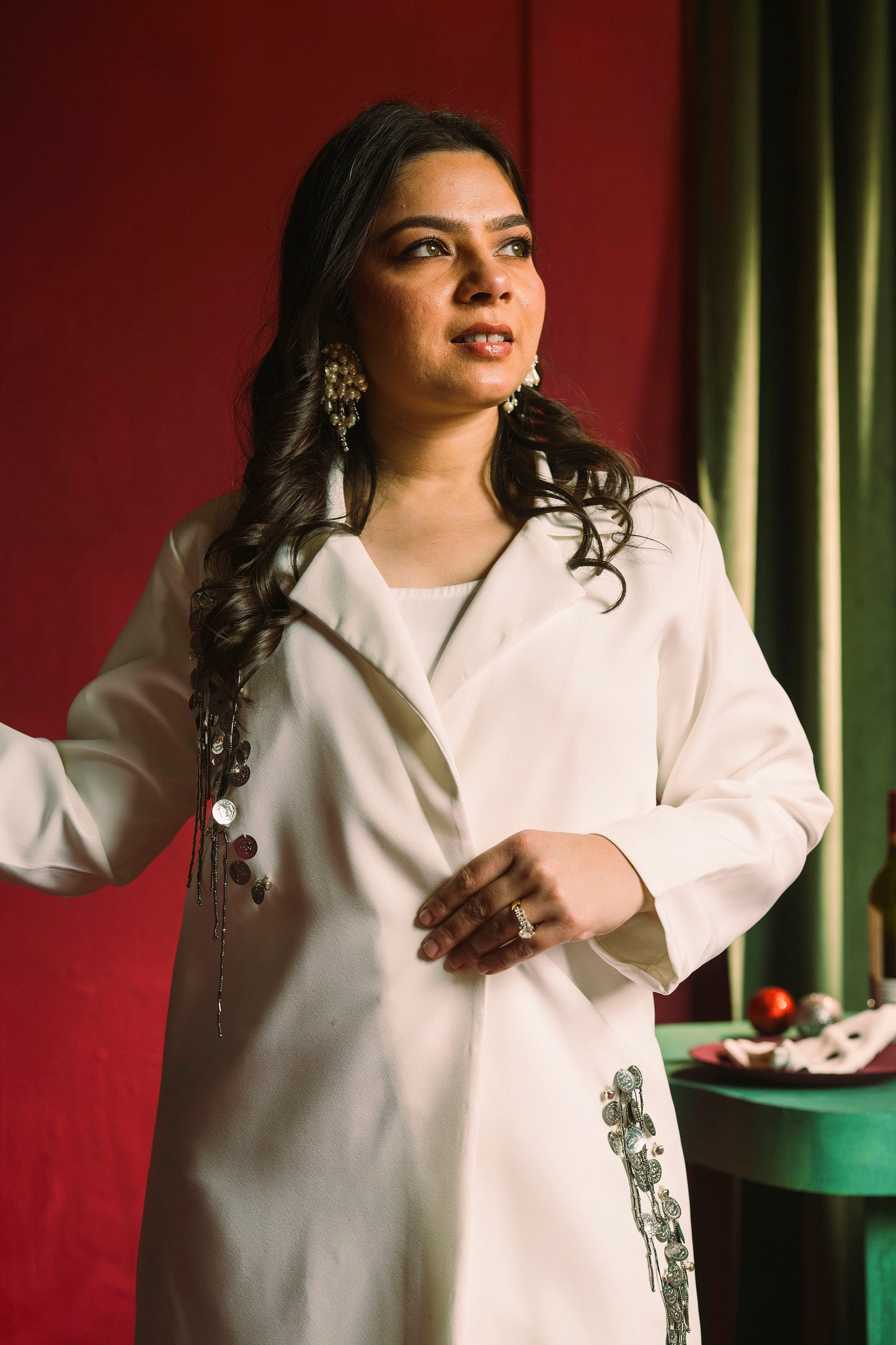 Embellished Blazer Dress with Mesh slip in White