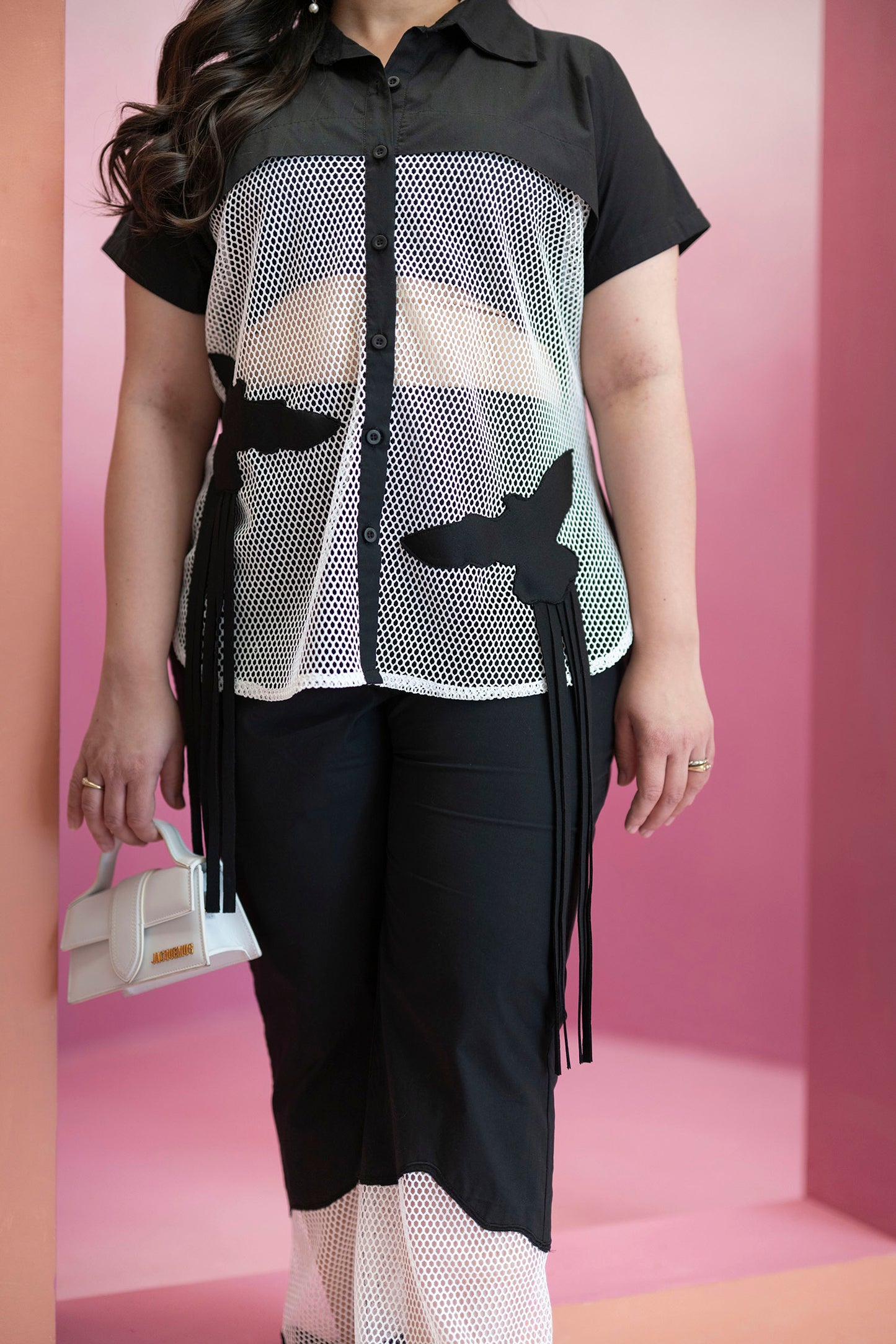 Cotton and Mesh Co-ord Set with contrast Bird Motif Detailing