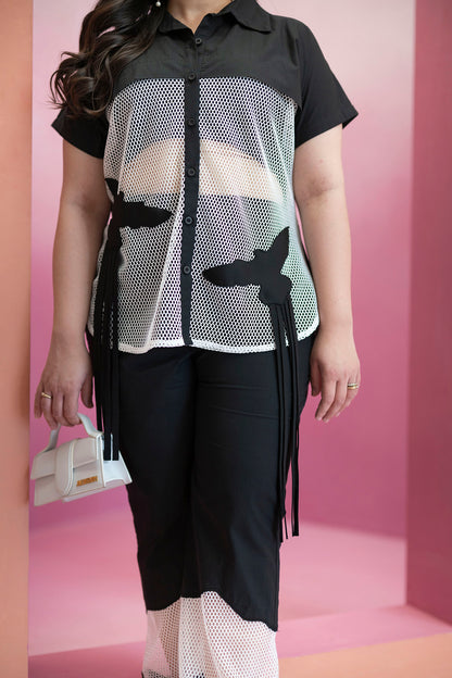 Cotton and Mesh Co-ord Set with contrast Bird Motif Detailing
