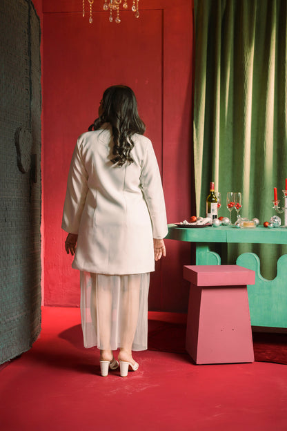 Embellished Blazer Dress with Mesh slip in White