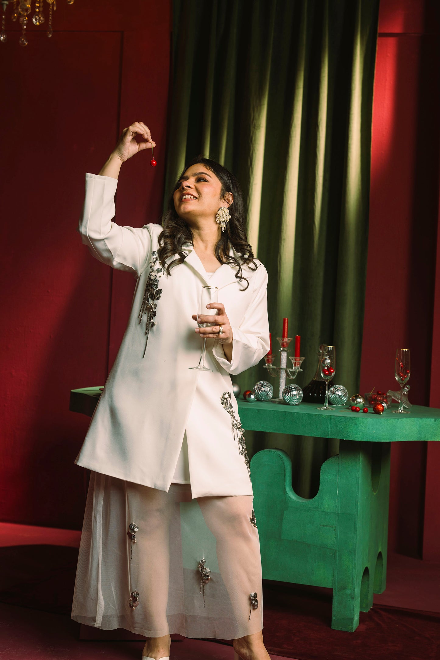 Embellished Blazer Dress with Mesh slip in White