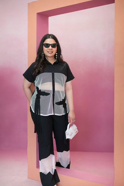 Cotton and Mesh Co-ord Set with contrast Bird Motif Detailing