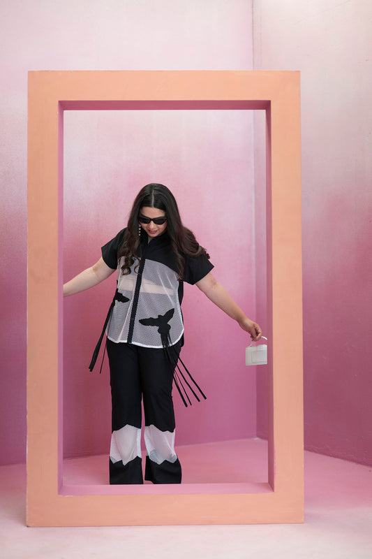 Cotton and Mesh Co-ord Set with contrast Bird Motif Detailing