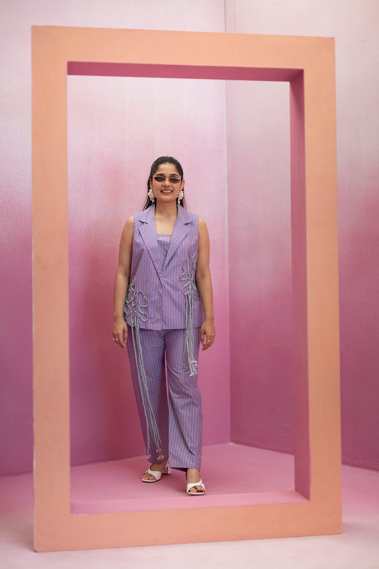 Sleeveless Blazer and Pant Set in Stripe with Chord-work detail