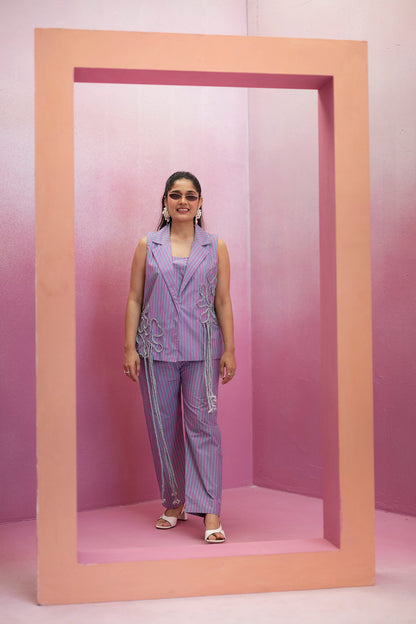 Sleeveless Blazer and Pant Set in Stripe with Chord-work detail
