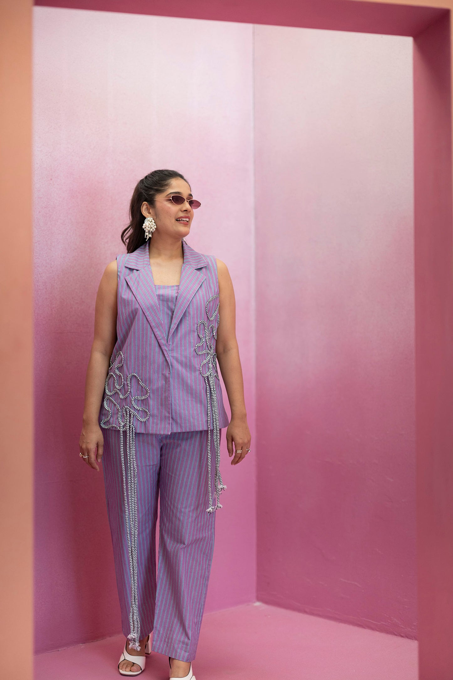Sleeveless Blazer and Pant Set in Stripe with Chord-work detail