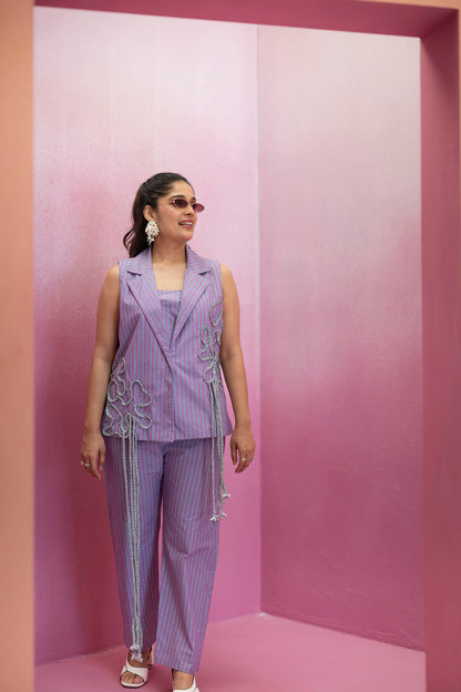 Sleeveless Blazer and Pant Set in Stripe with Chord-work detail