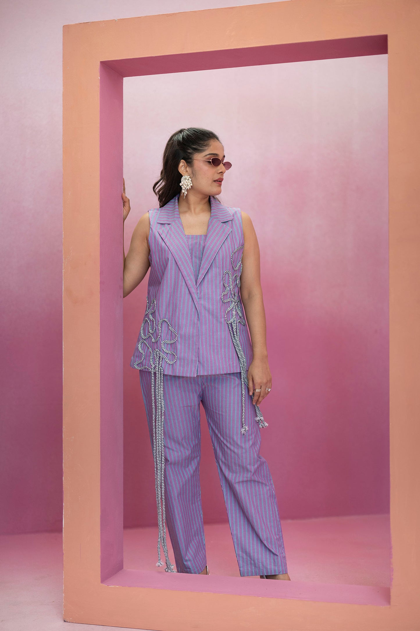 Sleeveless Blazer and Pant Set in Stripe with Chord-work detail