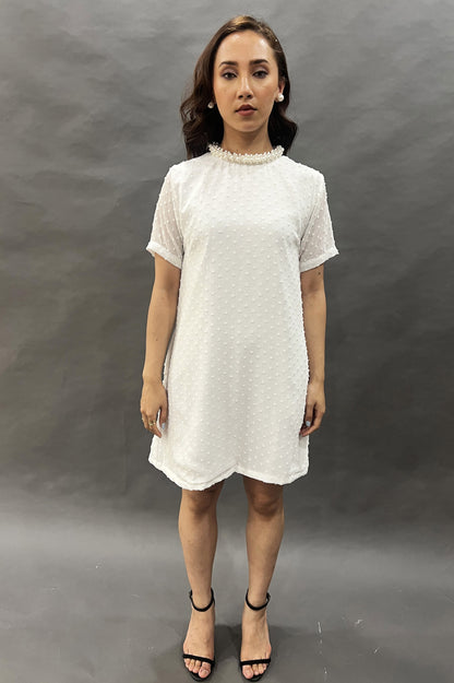 White Dobby Dress with Pearl Detail