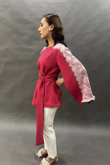 Pink Slit Sleeve Top With Oversized Belt