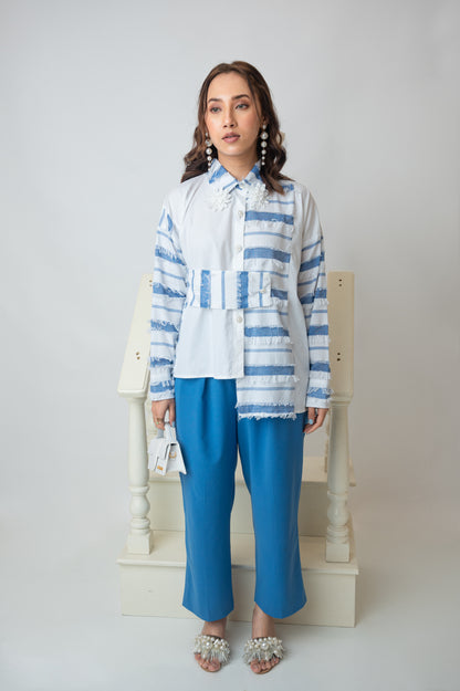 Asymmetric Blue And White Shirt With Fringes