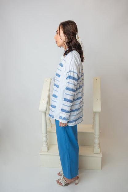 Asymmetric Blue And White Shirt With Fringes