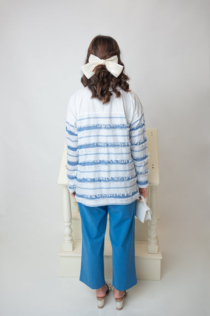 Asymmetric Blue And White Shirt With Fringes