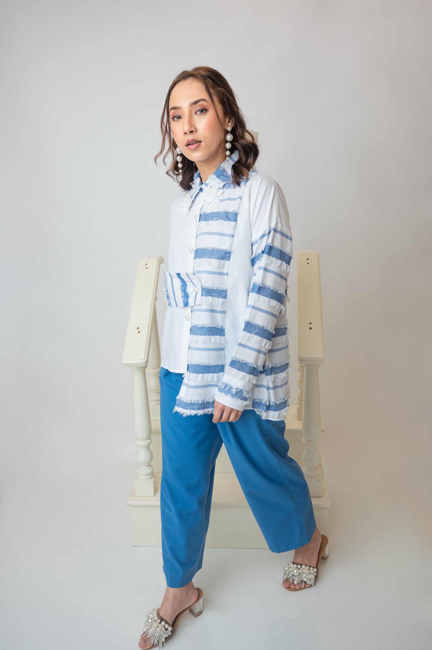 Asymmetric Blue And White Shirt With Fringes