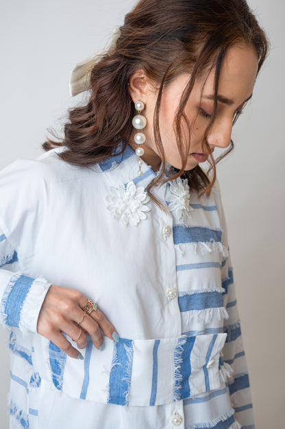 Asymmetric Blue And White Shirt With Fringes