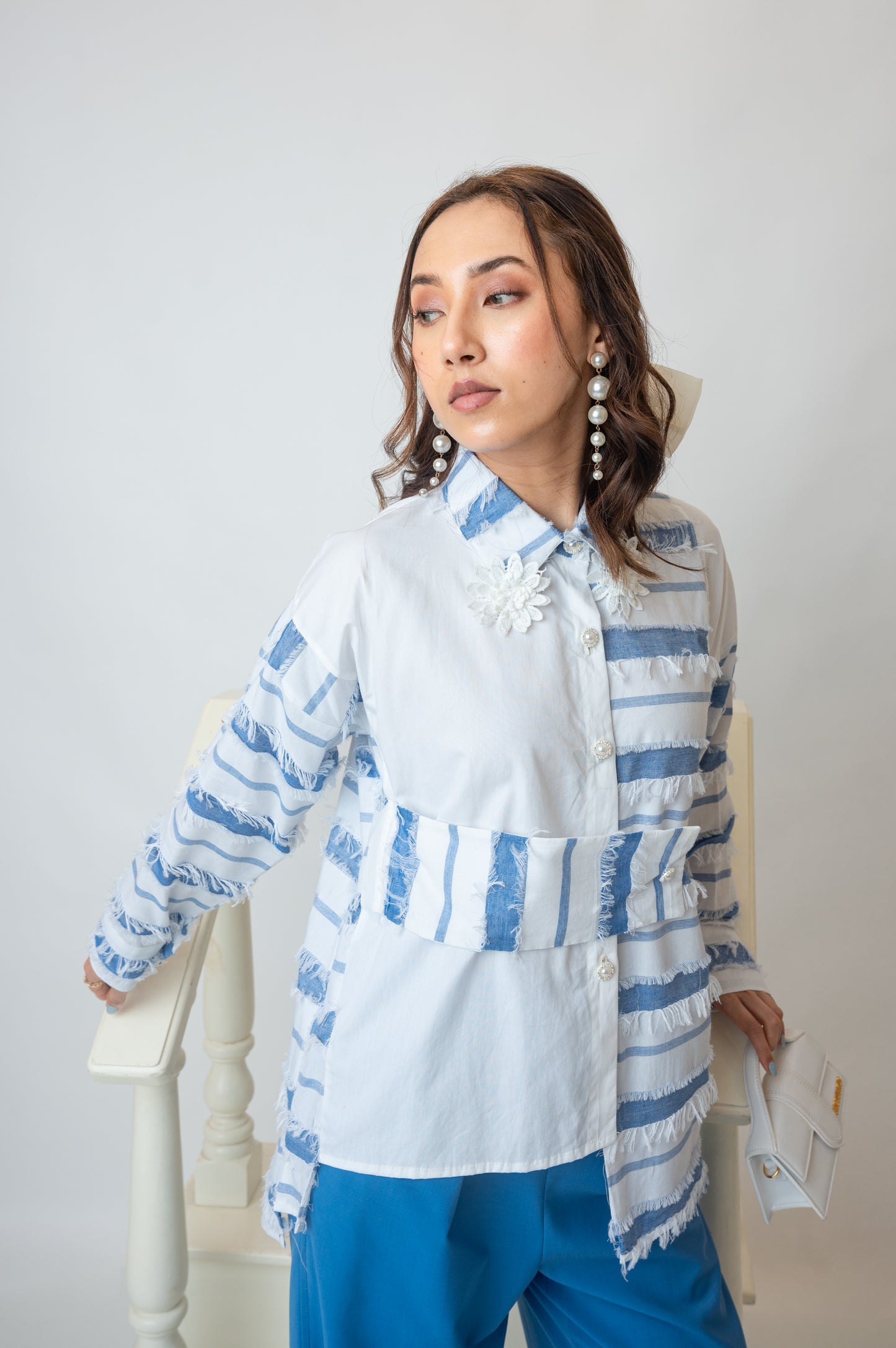 Asymmetric Blue And White Shirt With Fringes