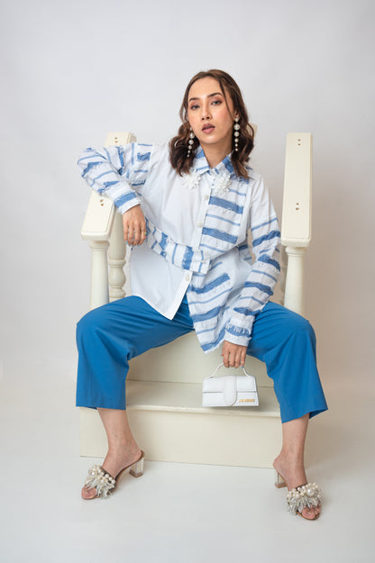 Asymmetric Blue And White Shirt With Fringes