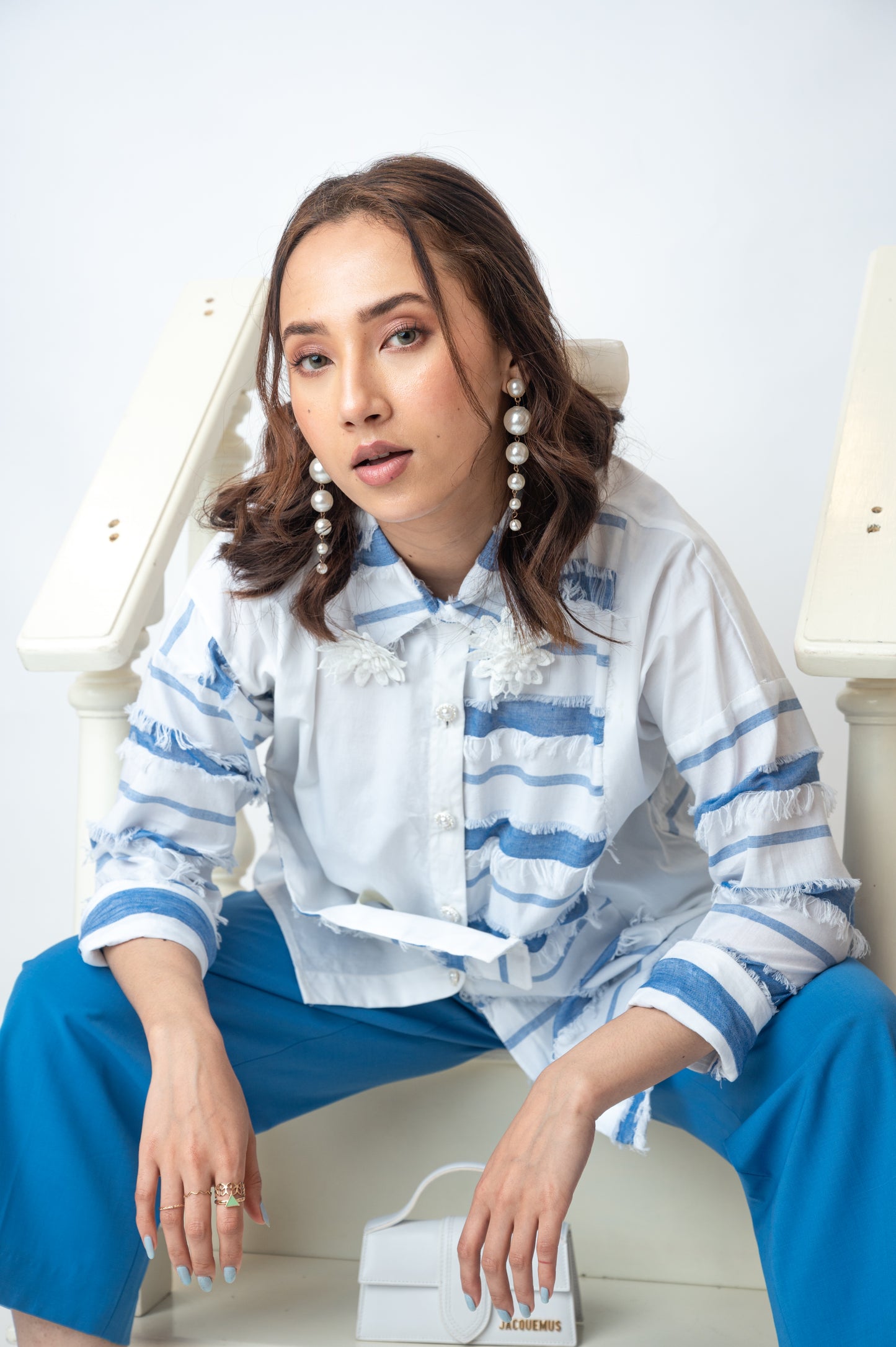 Asymmetric Blue And White Shirt With Fringes