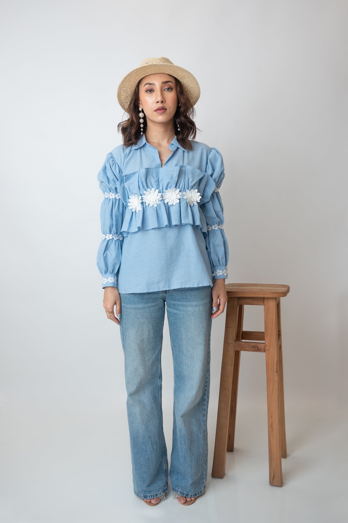 Chambray Top With 3D Flowers