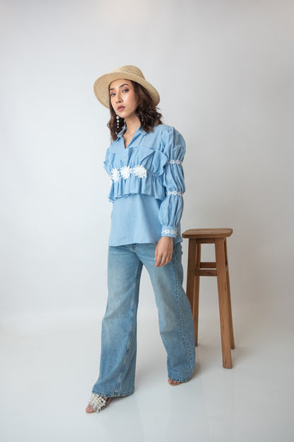 Chambray Top With 3D Flowers